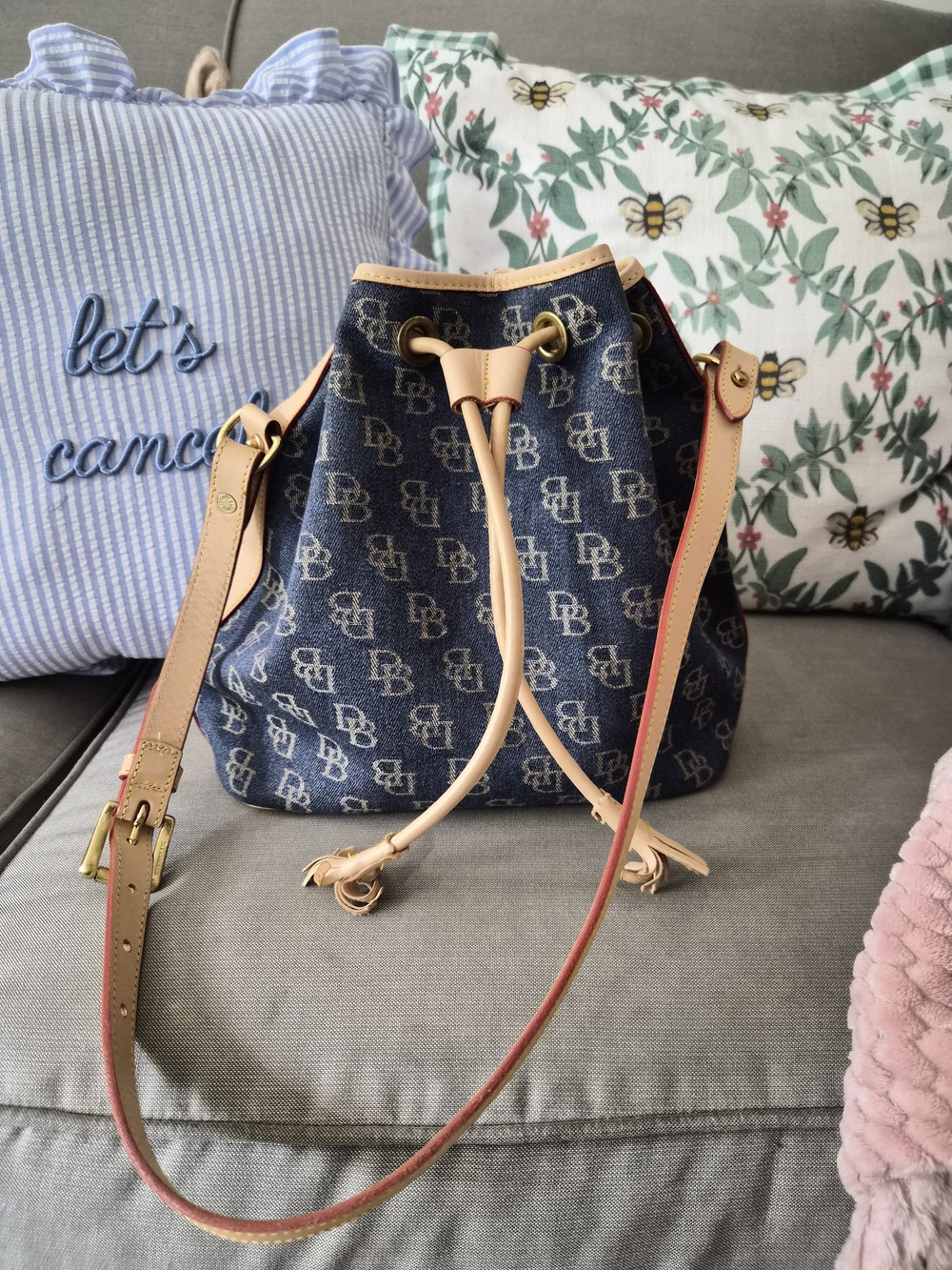 Dooney & Bourke Blue Denim Logo Drawstring Bucket Bag with Natural Leather Trim
